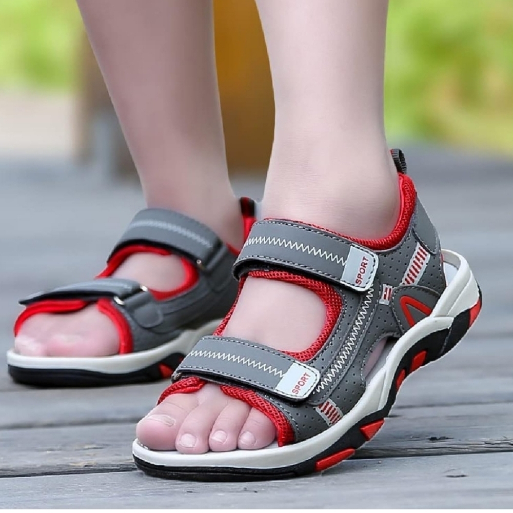 Red and Gray Sandals with Velcro Straps and Cushioned Footbed
